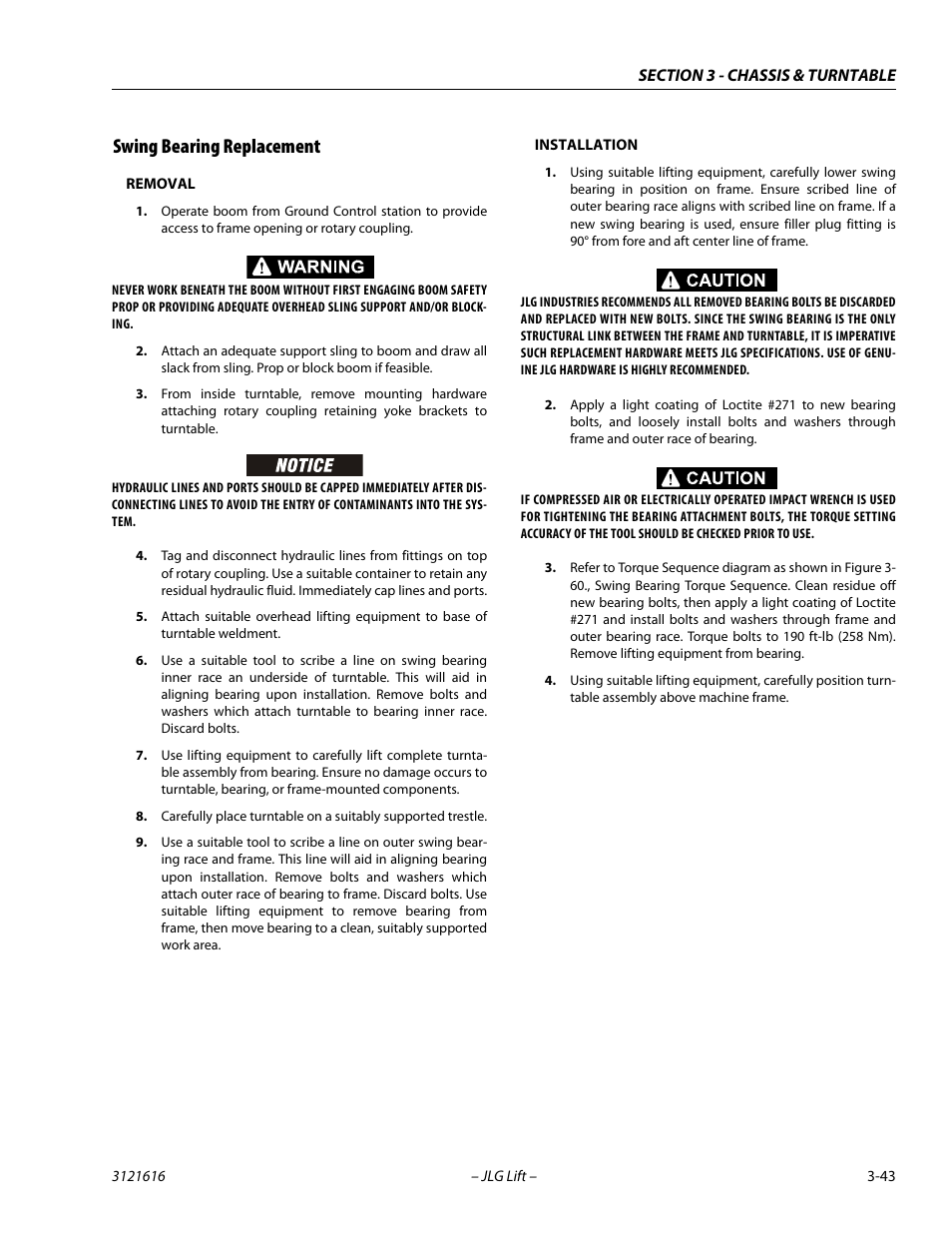 Swing bearing replacement, Swing bearing replacement -43 | JLG 660AJ Service Manual User Manual | Page 87 / 334
