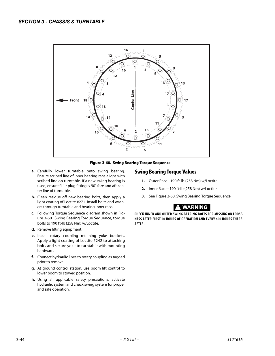 Swing bearing torque values, Swing bearing torque values -44, Swing bearing torque sequence -44 | JLG 660AJ Service Manual User Manual | Page 88 / 334