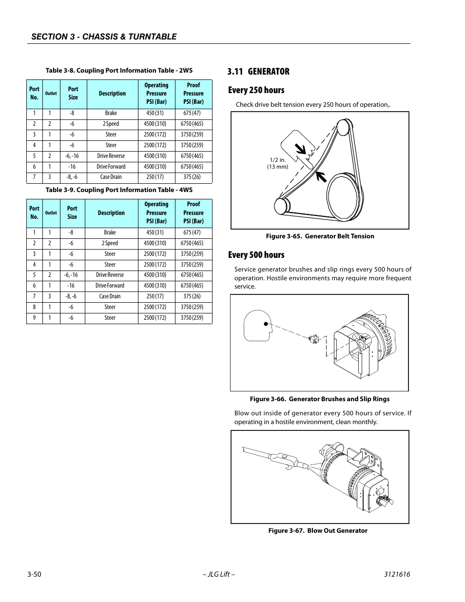 11 generator, Every 250 hours, Every 500 hours | Generator -50, Every 250 hours -50 every 500 hours -50, Generator belt tension -50, Generator brushes and slip rings -50, Blow out generator -50, Coupling port information table - 2ws -50, Coupling port information table - 4ws -50 | JLG 660AJ Service Manual User Manual | Page 94 / 334