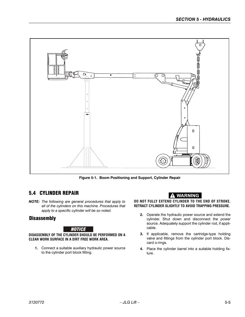 4 cylinder repair, Disassembly, Cylinder repair -5 | Disassembly -5, Boom positioning and support, cylinder repair -5 | JLG E300 Service Manual User Manual | Page 101 / 174
