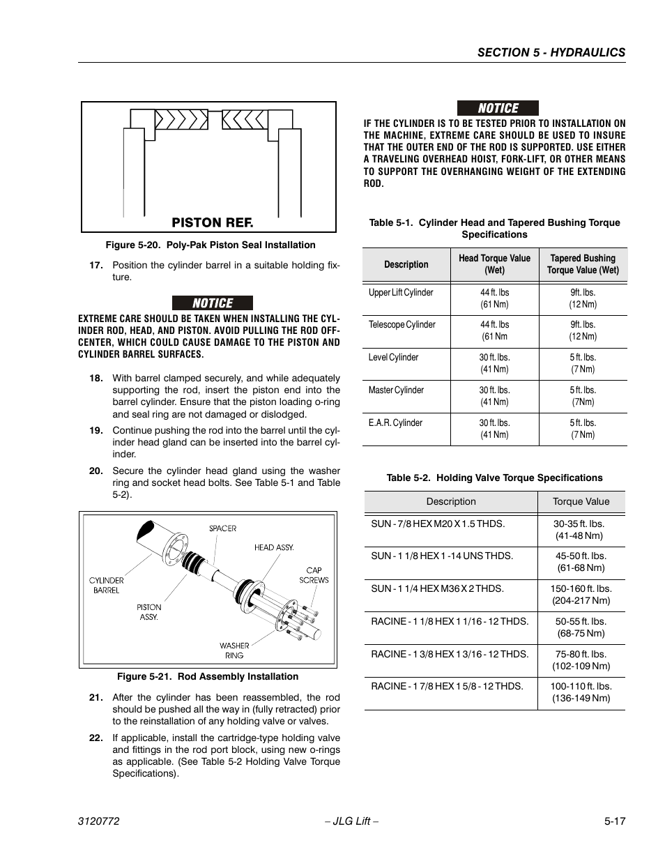 Holding valve torque specifications -17, Ee table 5-1, Dtable 5-2 | JLG E300 Service Manual User Manual | Page 113 / 174