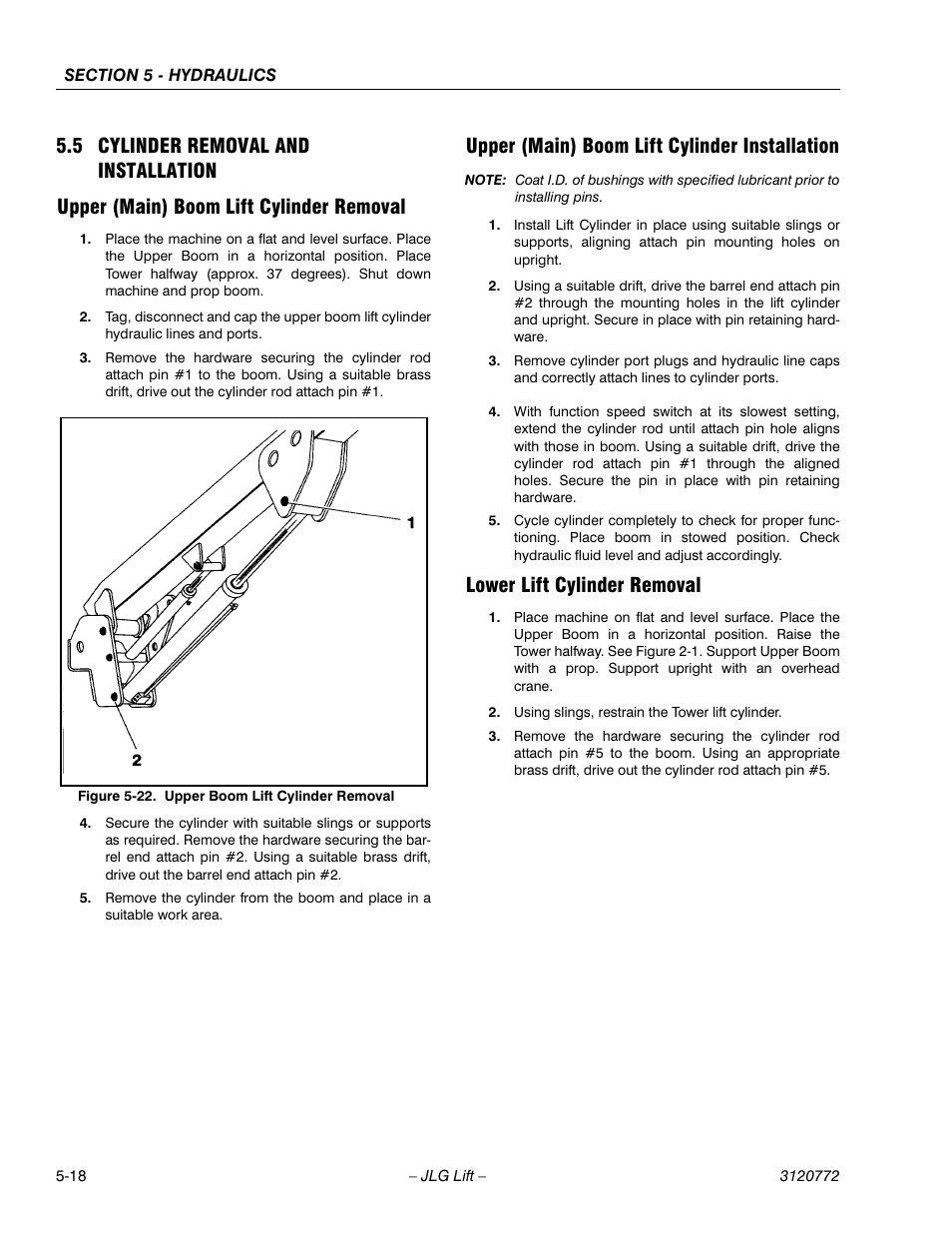 5 cylinder removal and installation, Upper (main) boom lift cylinder removal, Upper (main) boom lift cylinder installation | Lower lift cylinder removal, Cylinder removal and installation -18 | JLG E300 Service Manual User Manual | Page 114 / 174