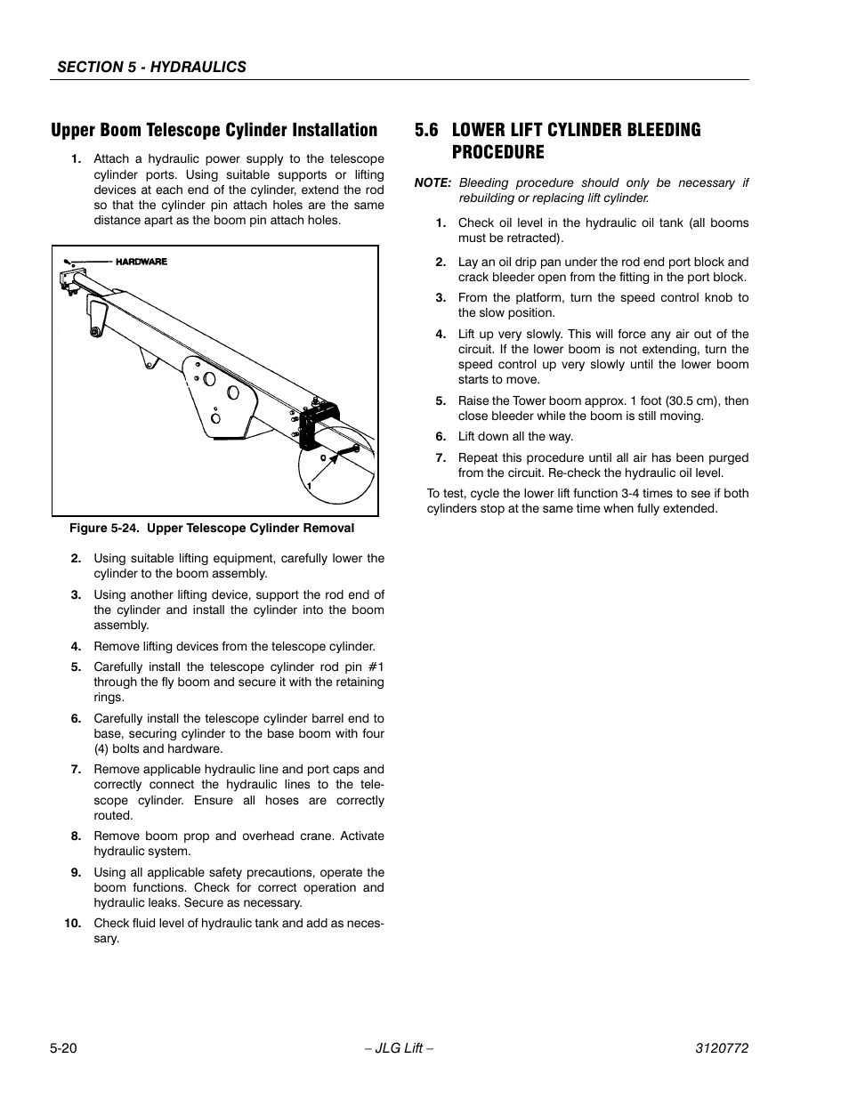 Upper boom telescope cylinder installation, 6 lower lift cylinder bleeding procedure, Upper boom telescope cylinder installation -20 | Lower lift cylinder bleeding procedure -20 | JLG E300 Service Manual User Manual | Page 116 / 174