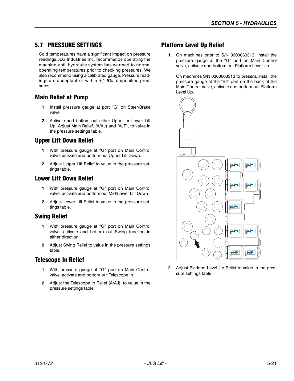 7 pressure settings, Main relief at pump, Upper lift down relief | Lower lift down relief, Swing relief, Telescope in relief, Platform level up relief, Pressure settings -21 | JLG E300 Service Manual User Manual | Page 117 / 174