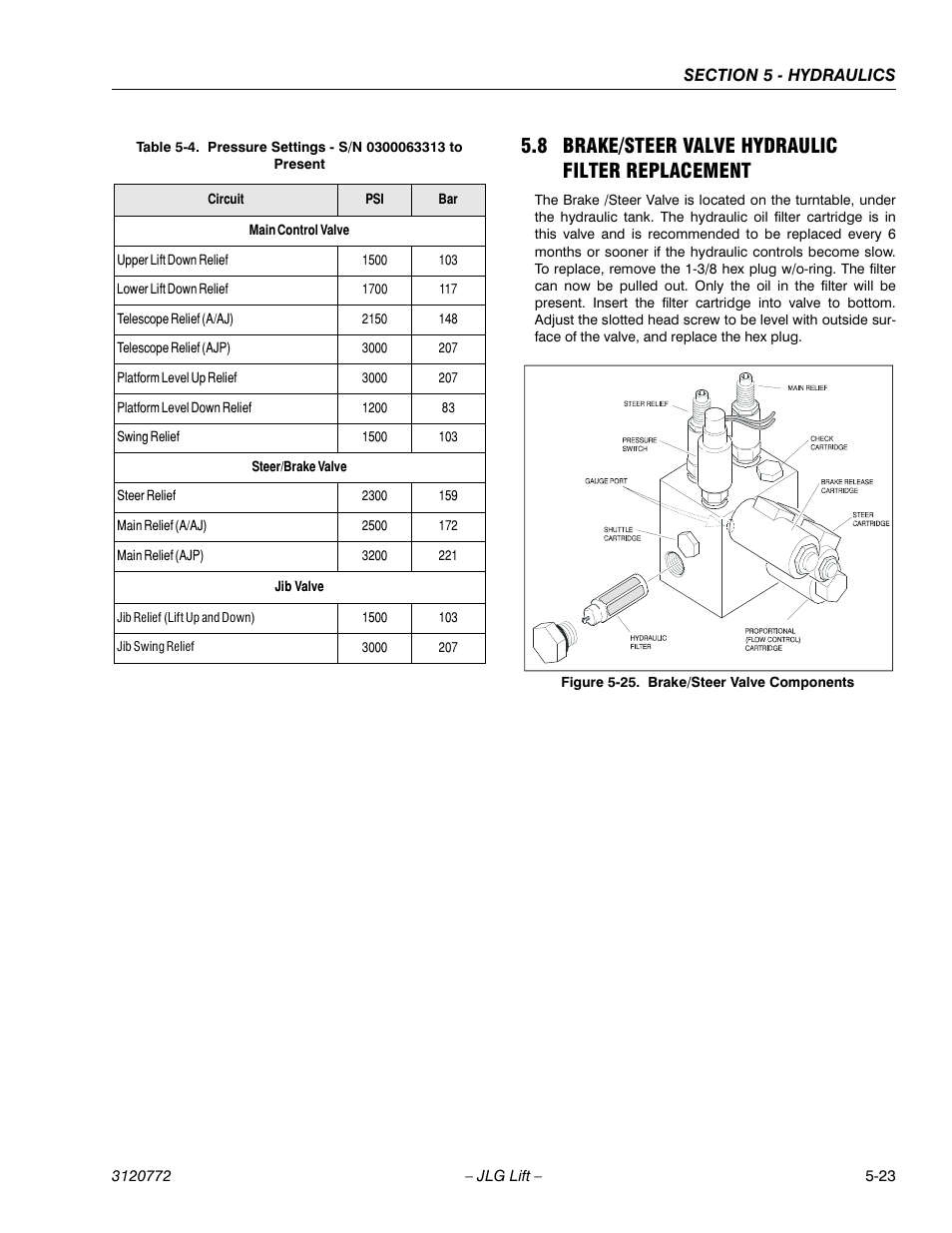 8 brake/steer valve hydraulic filter replacement, Brake/steer valve hydraulic filter replacement -23 | JLG E300 Service Manual User Manual | Page 119 / 174