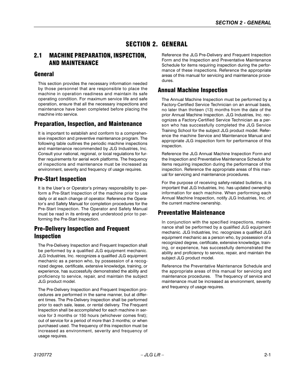 Section 2. general, 1 machine preparation, inspection, and maintenance, General | Preparation, inspection, and maintenance, Pre-start inspection, Pre-delivery inspection and frequent inspection, Annual machine inspection, Preventative maintenance, Section 2 - general | JLG E300 Service Manual User Manual | Page 25 / 174