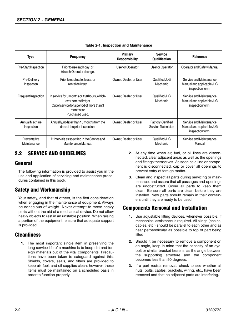 2 service and guidelines, General, Safety and workmanship | Cleanliness, Components removal and installation, Service and guidelines -2, 2 service and guidelines general | JLG E300 Service Manual User Manual | Page 26 / 174