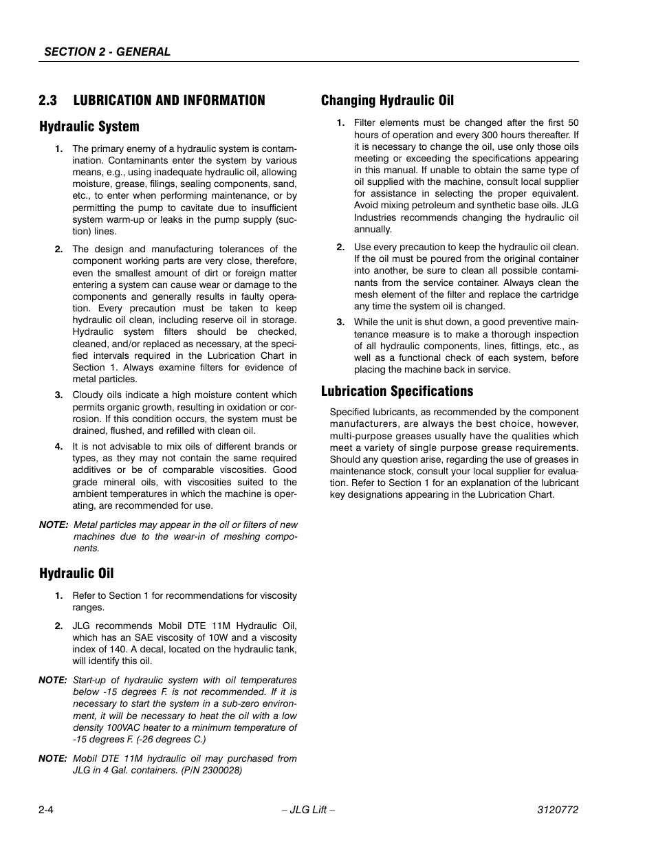 3 lubrication and information, Hydraulic system, Hydraulic oil | Changing hydraulic oil, Lubrication specifications, Lubrication and information -4, 3 lubrication and information hydraulic system | JLG E300 Service Manual User Manual | Page 28 / 174