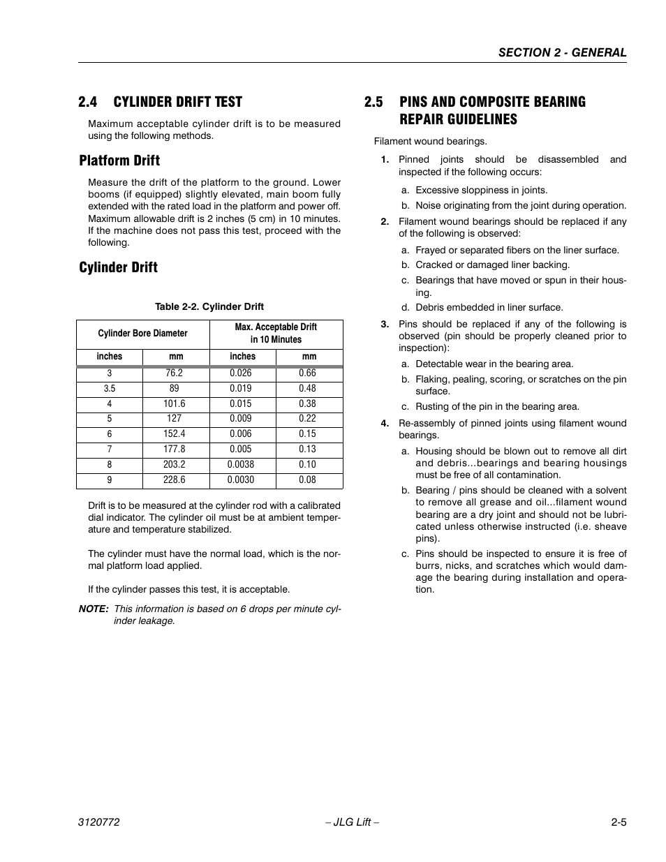 4 cylinder drift test, Platform drift, Cylinder drift | 5 pins and composite bearing repair guidelines, Cylinder drift test -5, Platform drift -5 cylinder drift -5, Pins and composite bearing repair guidelines -5 | JLG E300 Service Manual User Manual | Page 29 / 174