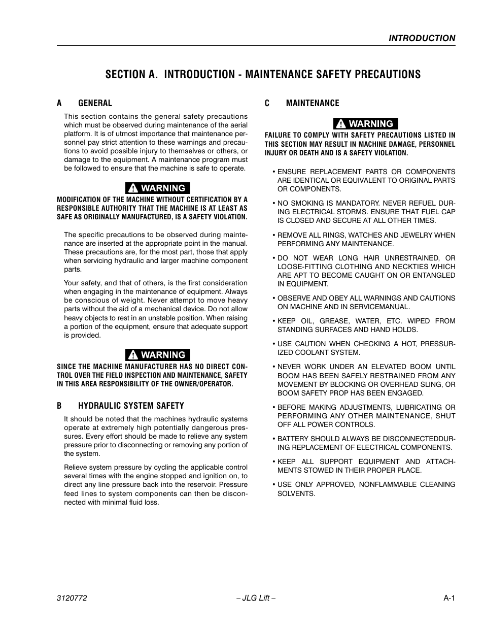 A general, B hydraulic system safety, C maintenance | JLG E300 Service Manual User Manual | Page 3 / 174