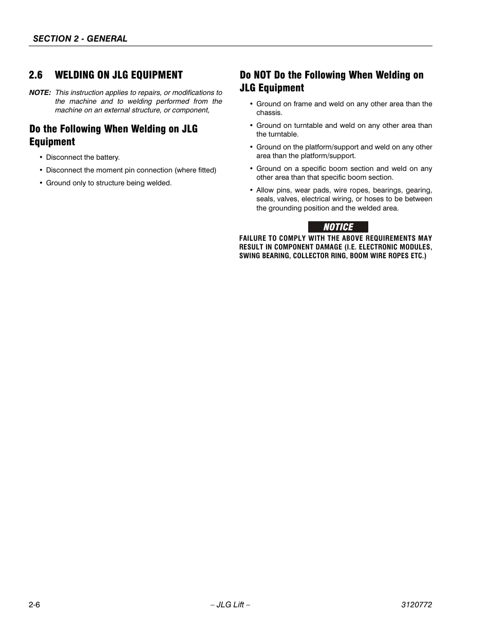 6 welding on jlg equipment, Do the following when welding on jlg equipment, Welding on jlg equipment -6 | JLG E300 Service Manual User Manual | Page 30 / 174