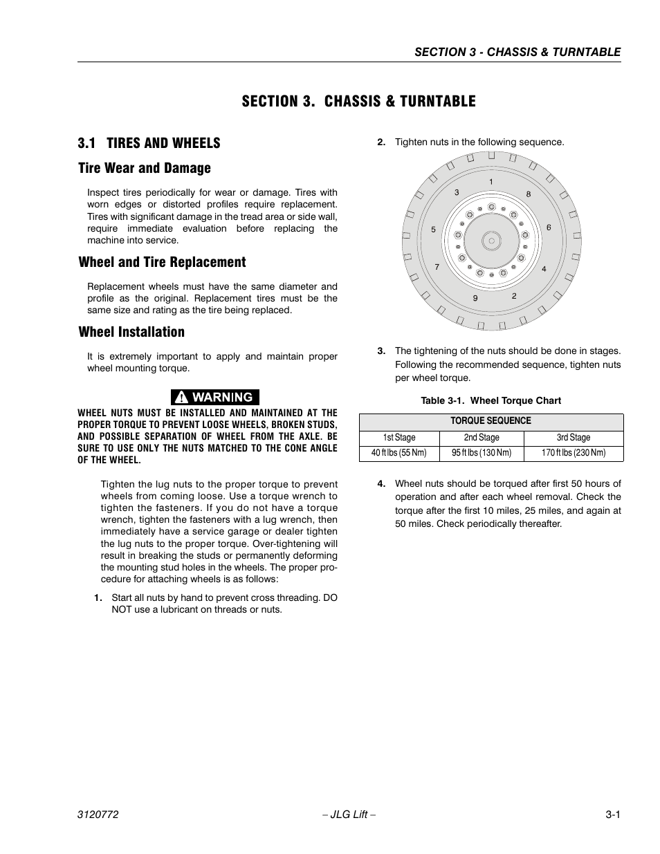 Section 3. chassis & turntable, 1 tires and wheels, Tire wear and damage | Wheel and tire replacement, Wheel installation, Section 3 - chassis & turntable, Tires and wheels -1, 1 tires and wheels tire wear and damage | JLG E300 Service Manual User Manual | Page 35 / 174