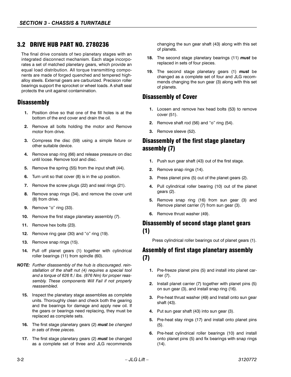 2 drive hub part no. 2780236, Disassembly, Disassembly of cover | Disassembly of second stage planet gears (1), Assembly of first stage planetary assembly (7), Drive hub part no. 2780236 -2 | JLG E300 Service Manual User Manual | Page 36 / 174