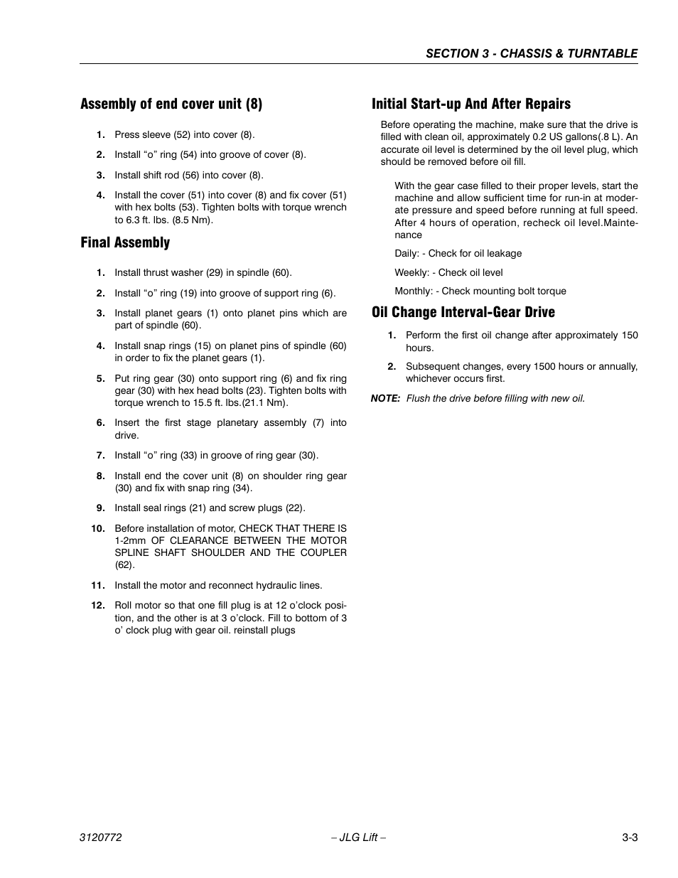 Assembly of end cover unit (8), Final assembly, Initial start-up and after repairs | Oil change interval-gear drive | JLG E300 Service Manual User Manual | Page 37 / 174