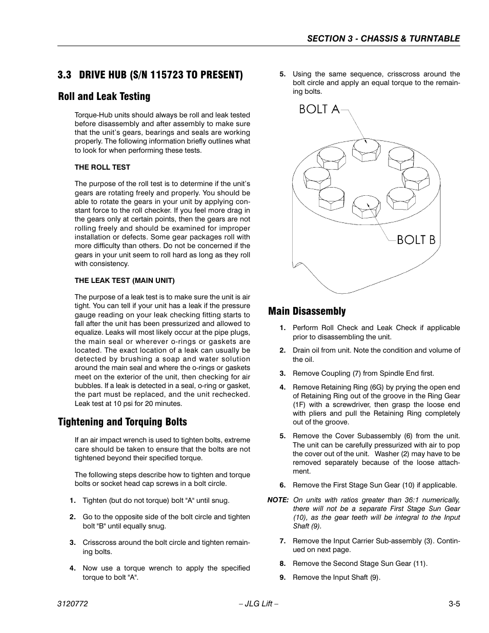 3 drive hub (s/n 115723 to present), Roll and leak testing, Tightening and torquing bolts | Main disassembly, Drive hub (s/n 115723 to present) -5 | JLG E300 Service Manual User Manual | Page 39 / 174