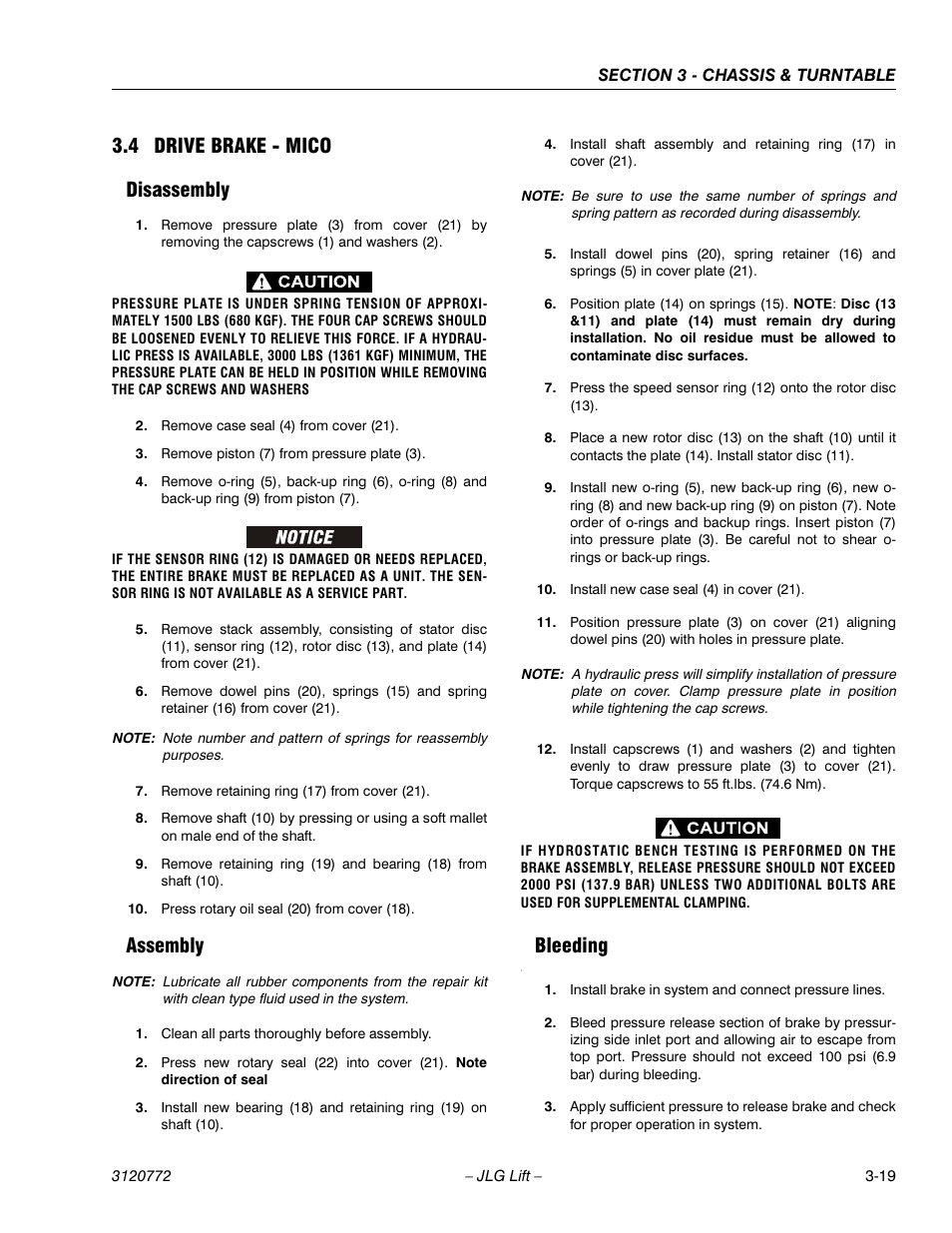 4 drive brake - mico, Disassembly, Assembly | Bleeding, Drive brake - mico -19, Disassembly -19 assembly -19 bleeding -19, 4 drive brake - mico disassembly | JLG E300 Service Manual User Manual | Page 53 / 174