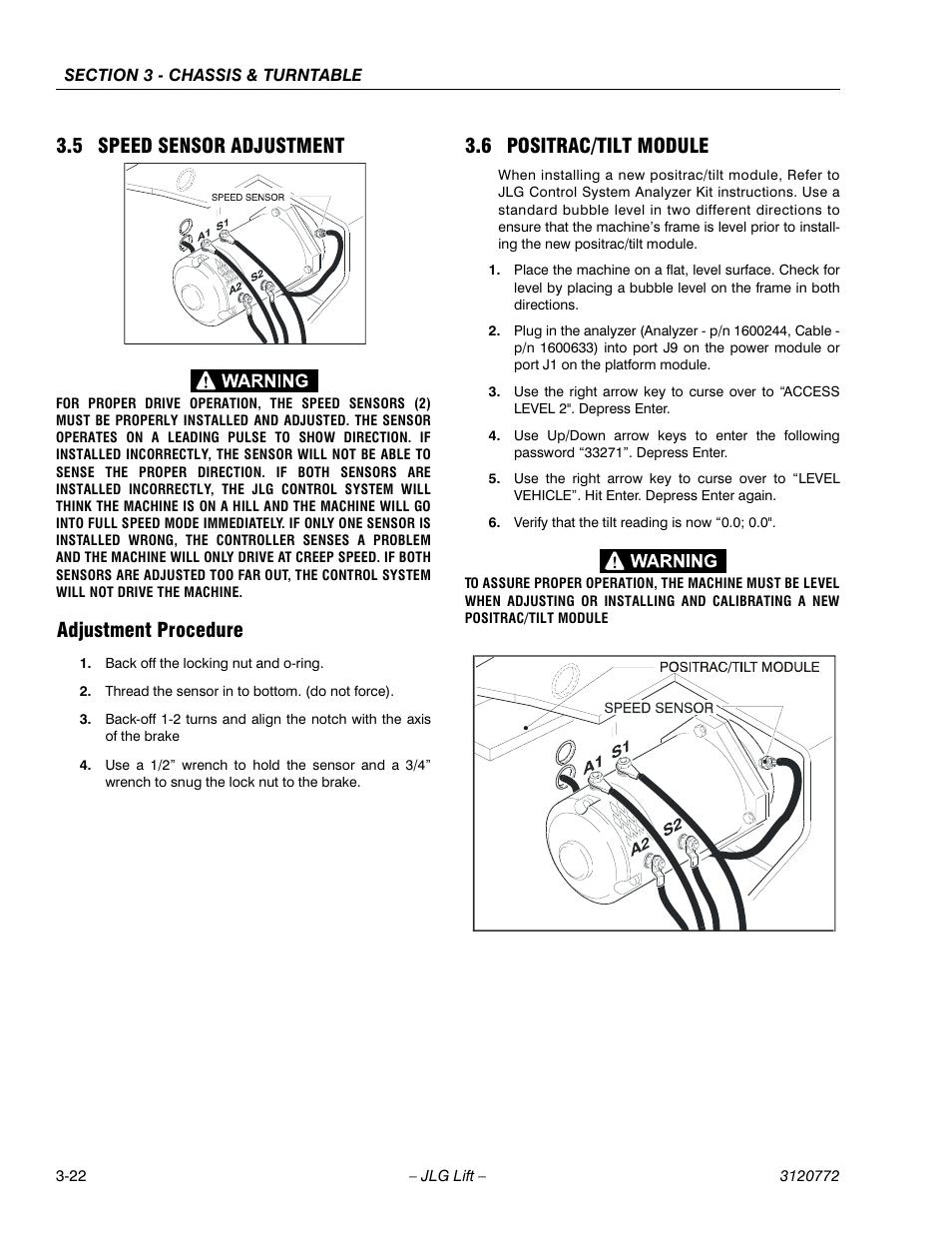 5 speed sensor adjustment, Adjustment procedure, 6 positrac/tilt module | Speed sensor adjustment -22, Adjustment procedure -22, Positrac/tilt module -22 | JLG E300 Service Manual User Manual | Page 56 / 174