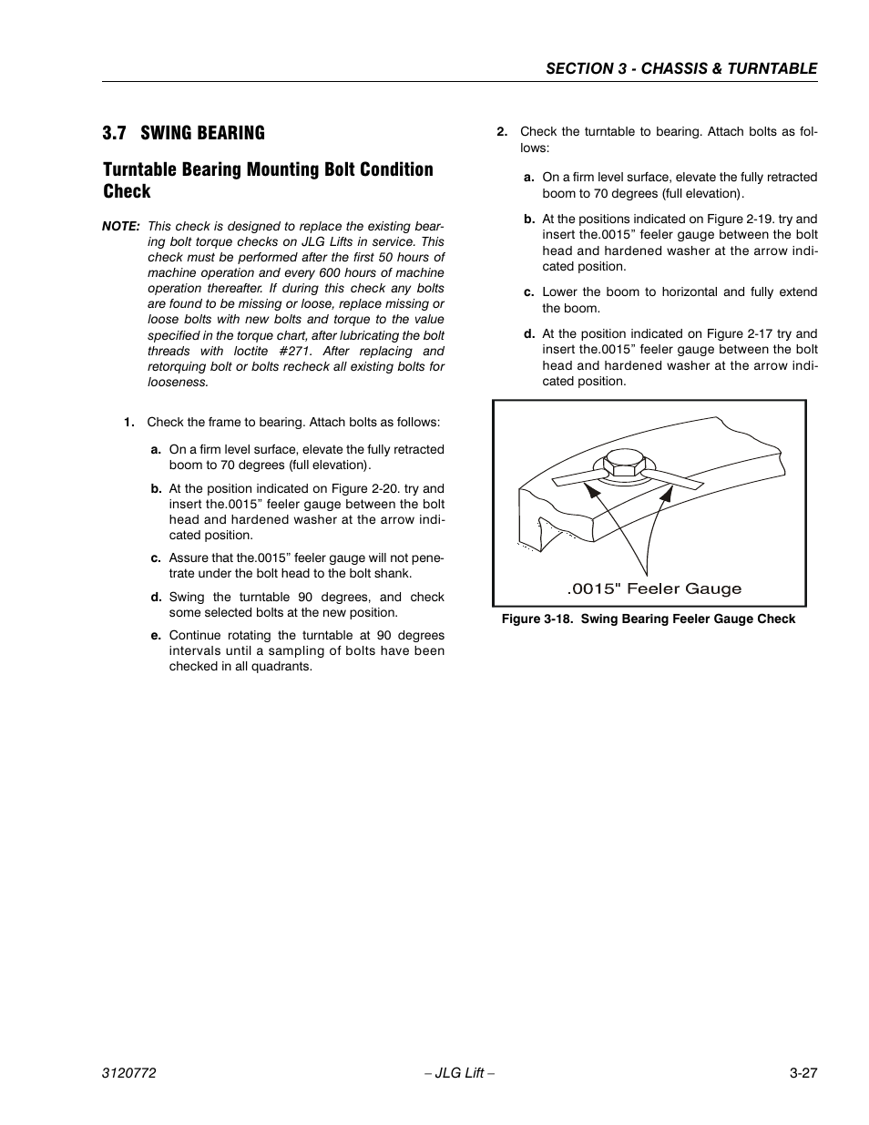 7 swing bearing, Turntable bearing mounting bolt condition check, Swing bearing -27 | JLG E300 Service Manual User Manual | Page 61 / 174