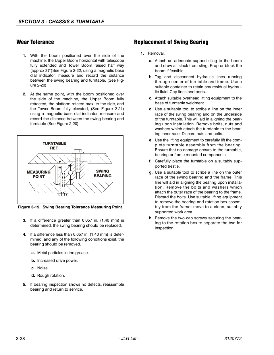 Wear tolerance, Replacement of swing bearing | JLG E300 Service Manual User Manual | Page 62 / 174