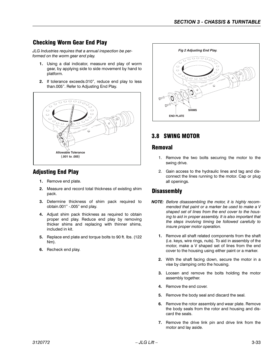 Checking worm gear end play, Adjusting end play, 8 swing motor | Removal, Disassembly, Swing motor -33, Removal -33 disassembly -33, 8 swing motor removal | JLG E300 Service Manual User Manual | Page 67 / 174