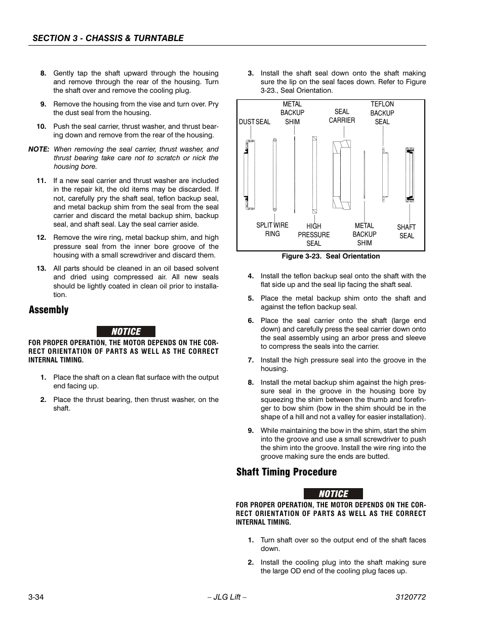 Assembly, Shaft timing procedure, Assembly -34 shaft timing procedure -34 | Seal orientation -34 | JLG E300 Service Manual User Manual | Page 68 / 174