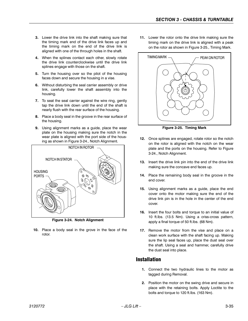 Installation, Installation -35, Notch alignment -35 | Timing mark -35 | JLG E300 Service Manual User Manual | Page 69 / 174