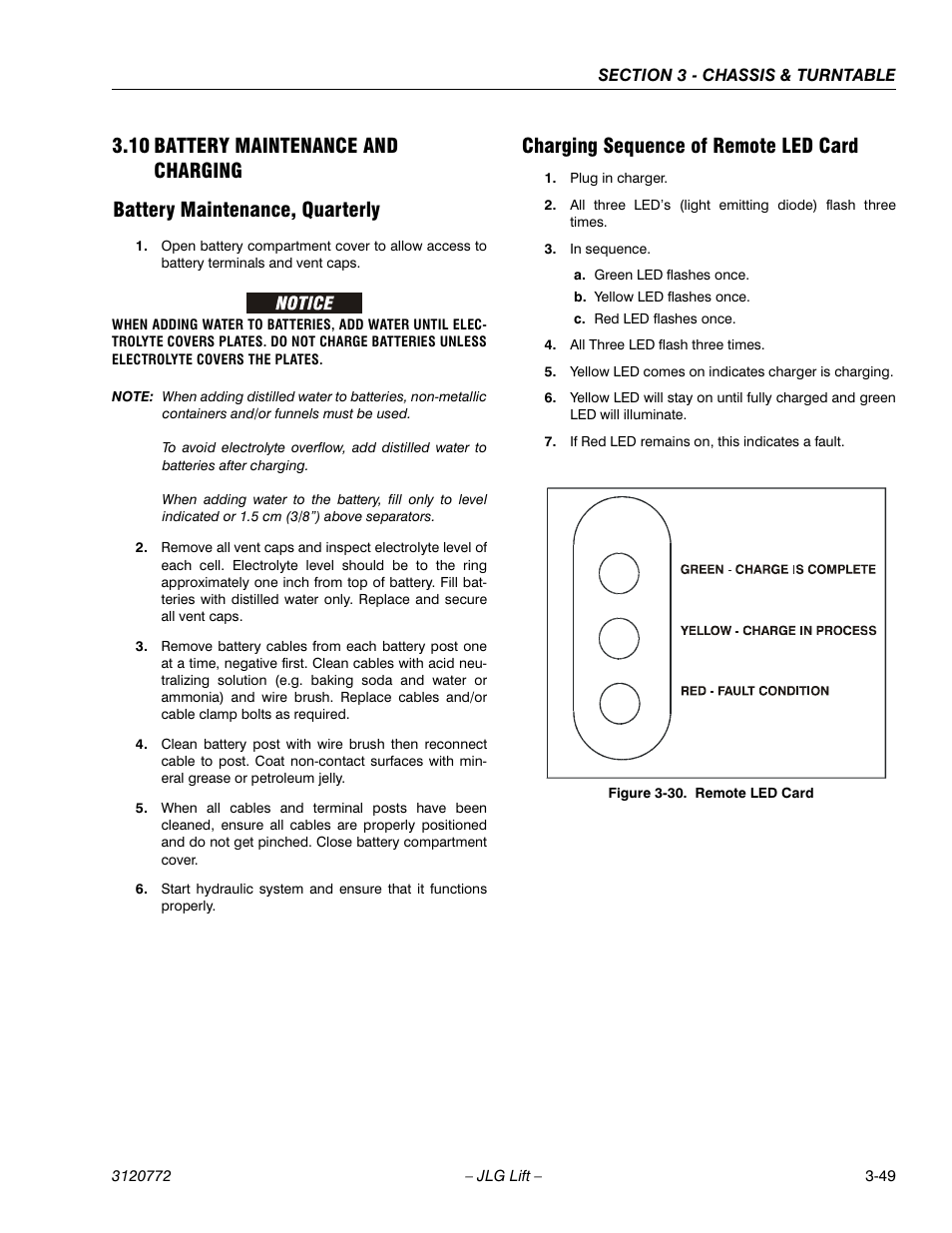 10 battery maintenance and charging, Battery maintenance, quarterly, Charging sequence of remote led card | Battery maintenance and charging -49 | JLG E300 Service Manual User Manual | Page 83 / 174