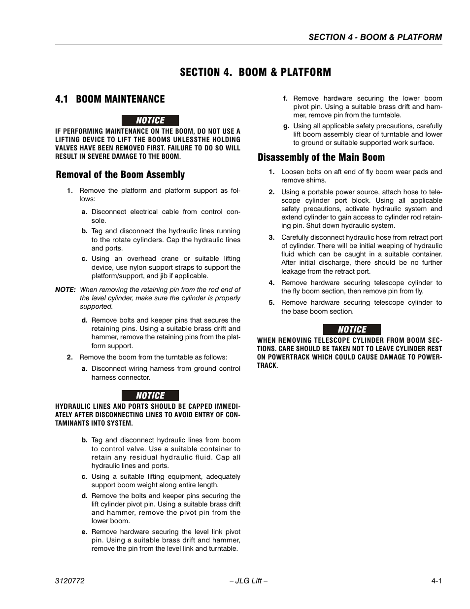 Section 4. boom & platform, 1 boom maintenance, Removal of the boom assembly | Disassembly of the main boom, Section 4 - boom & platform, Boom maintenance -1 | JLG E300 Service Manual User Manual | Page 87 / 174