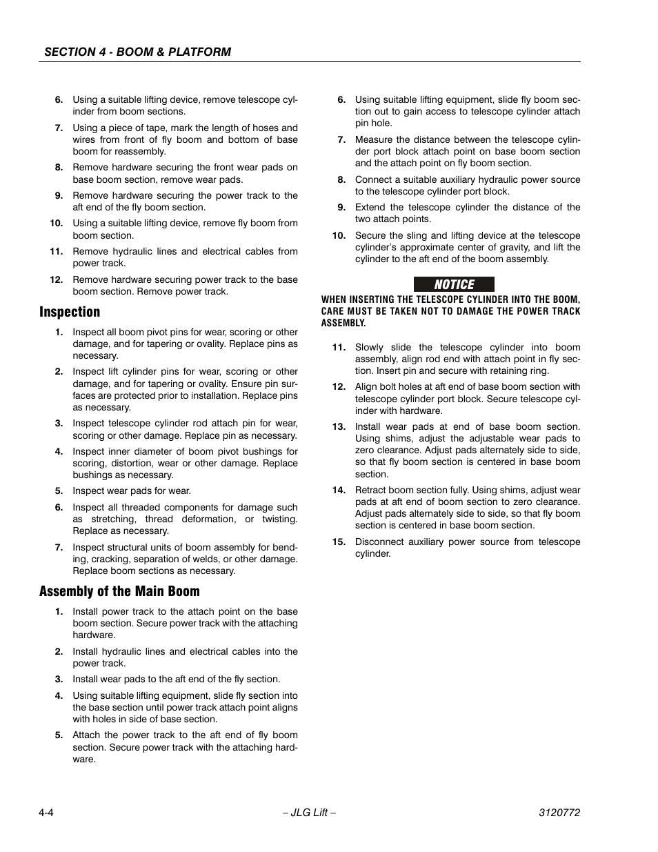 Inspection, Assembly of the main boom, Inspection -4 assembly of the main boom -4 | JLG E300 Service Manual User Manual | Page 90 / 174