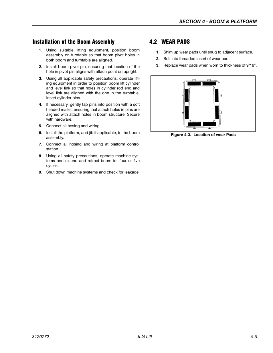 Installation of the boom assembly, 2 wear pads, Installation of the boom assembly -5 | Wear pads -5 | JLG E300 Service Manual User Manual | Page 91 / 174