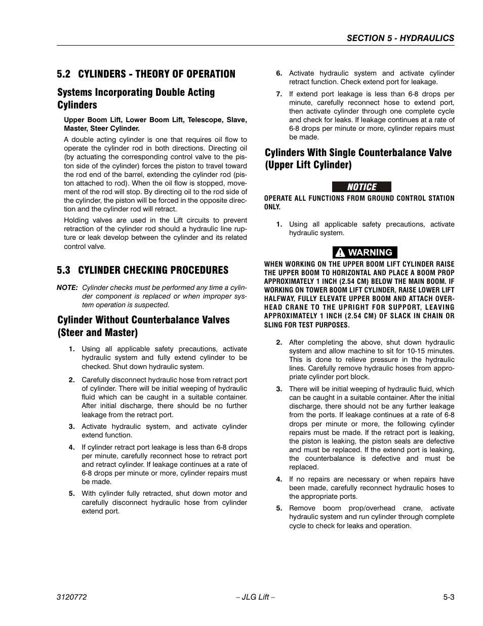 2 cylinders - theory of operation, Systems incorporating double acting cylinders, 3 cylinder checking procedures | Cylinders - theory of operation -3, Systems incorporating double acting cylinders -3, Cylinder checking procedures -3 | JLG E300 Service Manual User Manual | Page 99 / 174