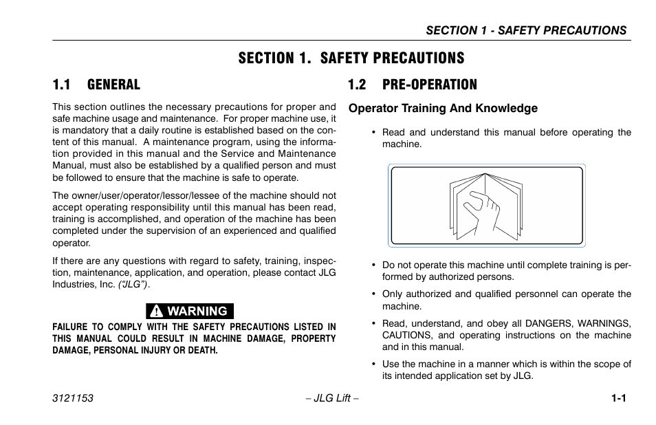 Section 1. safety precautions, 1 general, 2 pre-operation | Operator training and knowledge, Section - 1 - safety precautions, 1 general -1 1.2 pre-operation -1, Operator training and knowledge -1 | JLG 19BD Operator Manual User Manual | Page 11 / 54