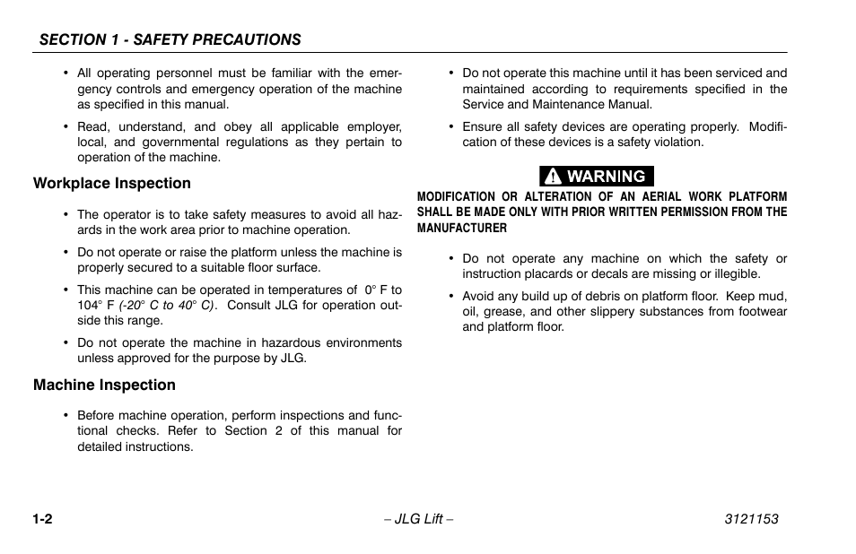 Workplace inspection, Machine inspection, Workplace inspection -2 machine inspection -2 | JLG 19BD Operator Manual User Manual | Page 12 / 54