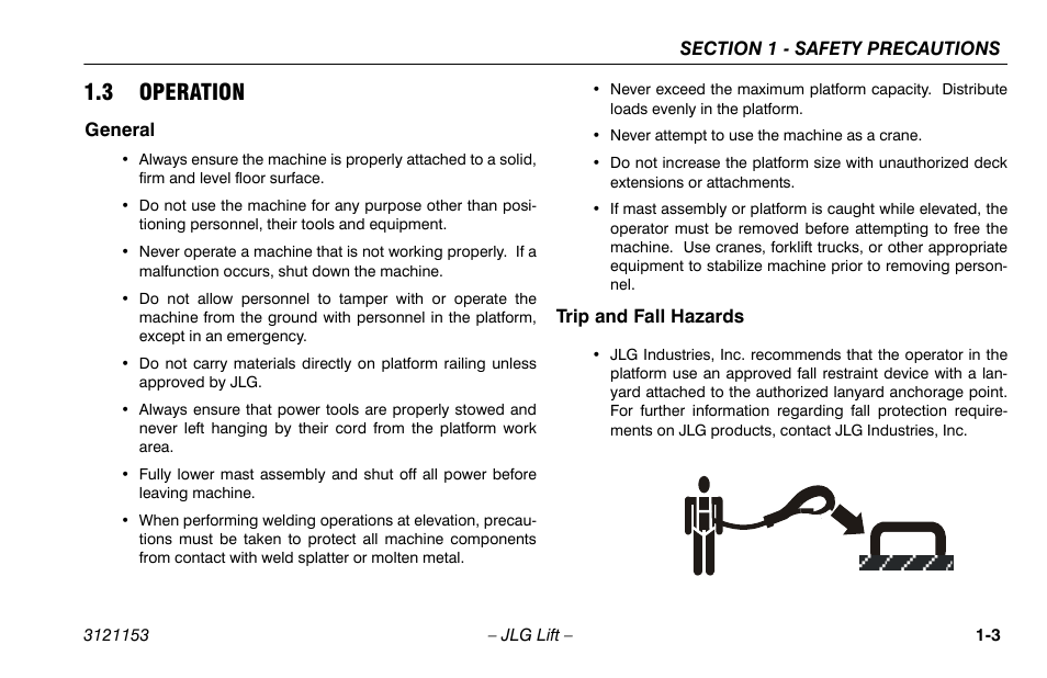 3 operation, General, Trip and fall hazards | 3 operation -3, General -3 trip and fall hazards -3 | JLG 19BD Operator Manual User Manual | Page 13 / 54