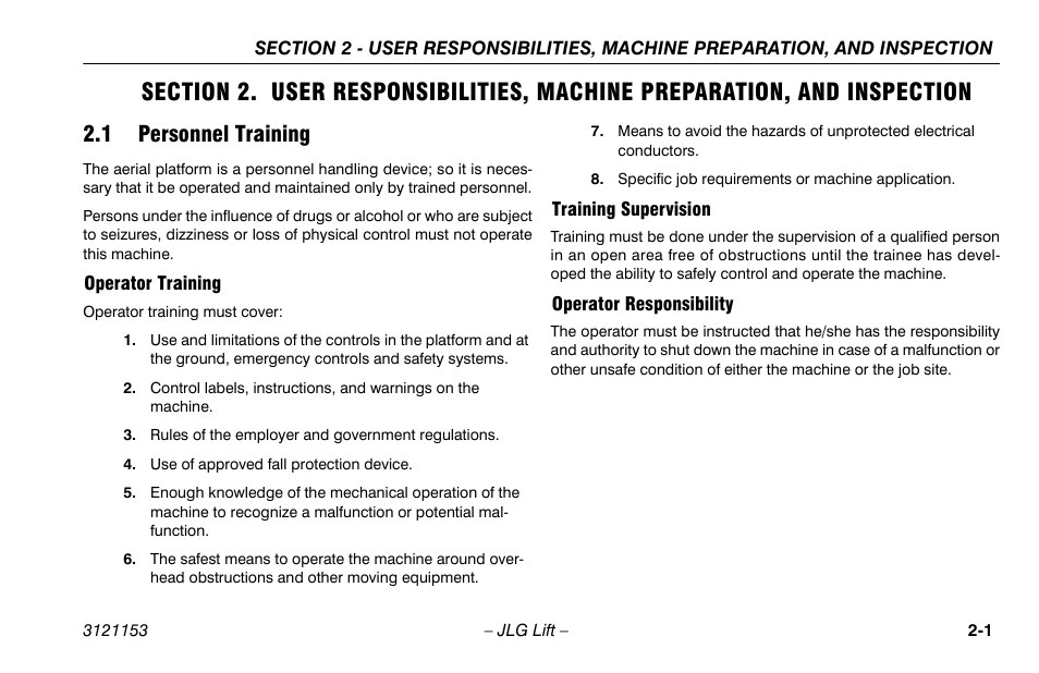 1 personnel training, Operator training, Training supervision | Operator responsibility, 1 personnel training -1 | JLG 19BD Operator Manual User Manual | Page 19 / 54