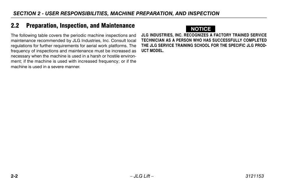 2 preparation, inspection, and maintenance, 2 preparation, inspection, and maintenance . 2-2 | JLG 19BD Operator Manual User Manual | Page 20 / 54