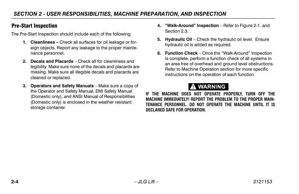 Pre-start inspection, Pre-start inspection -4 | JLG 19BD Operator Manual User Manual | Page 22 / 54