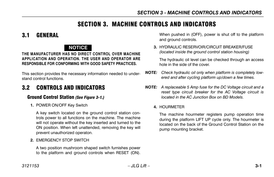 Section 3. machine controls and indicators, 1 general, 2 controls and indicators | Ground control station (see figure 3-1.), Section - 3 - machine controls and indicators, 1 general -1 3.2 controls and indicators -1, Ground control station -1 | JLG 19BD Operator Manual User Manual | Page 27 / 54