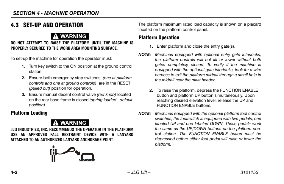 3 set-up and operation, Platform loading, Platform operation | 3 set-up and operation -2, Platform loading -2 platform operation -2 | JLG 19BD Operator Manual User Manual | Page 36 / 54