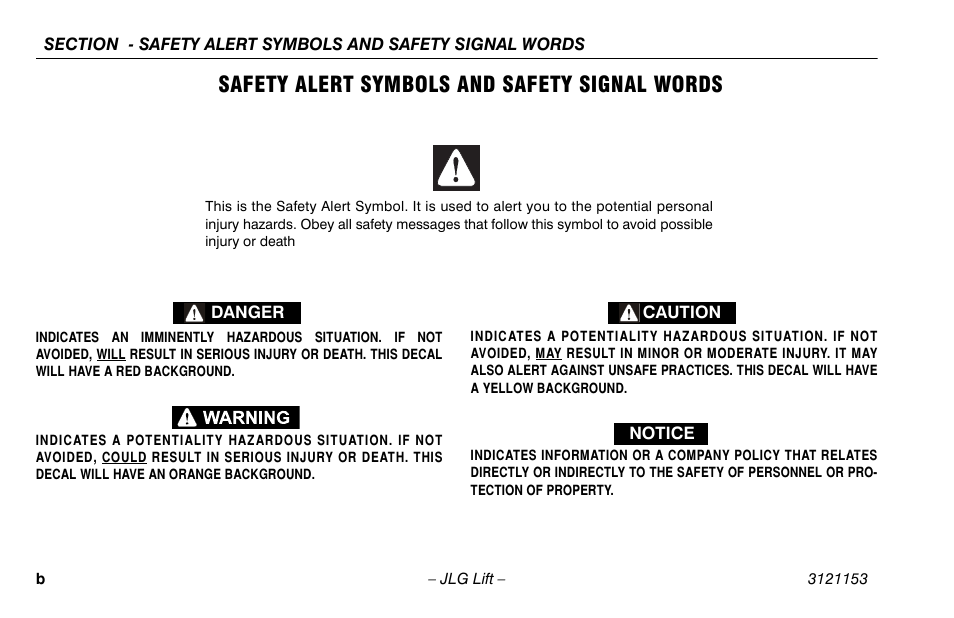 Safety alert symbols and safety signal words | JLG 19BD Operator Manual User Manual | Page 4 / 54
