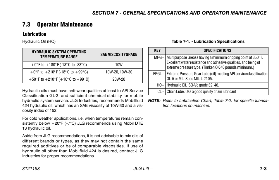 3 operator maintenance, Lubrication, 3 operator maintenance -3 | Lubrication -3, Lubrication specifications -3 | JLG 19BD Operator Manual User Manual | Page 45 / 54