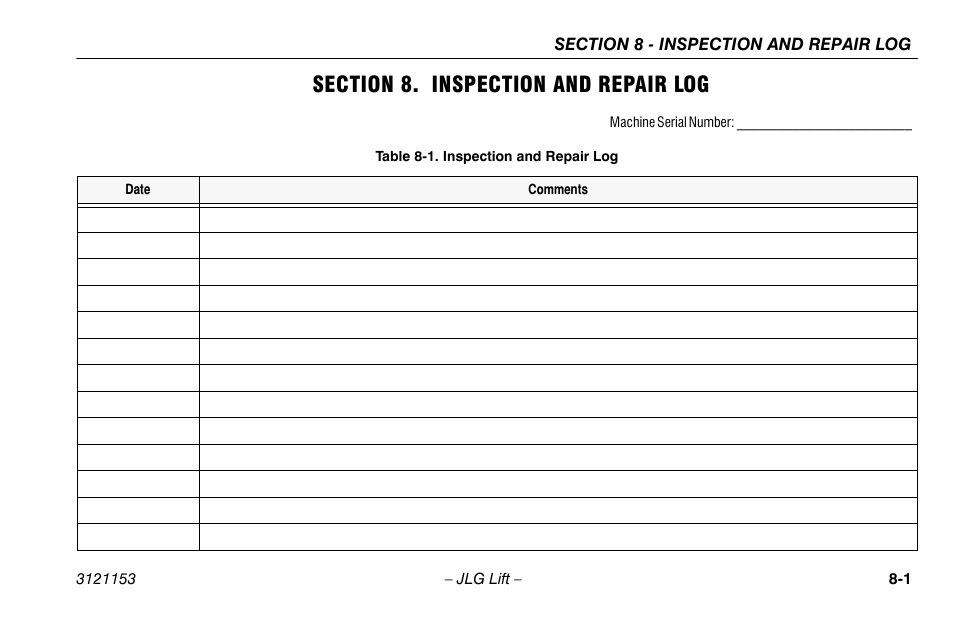 Section 8. inspection and repair log, Section - 8 - inspection and repair log, Inspection and repair log -1 | JLG 19BD Operator Manual User Manual | Page 49 / 54
