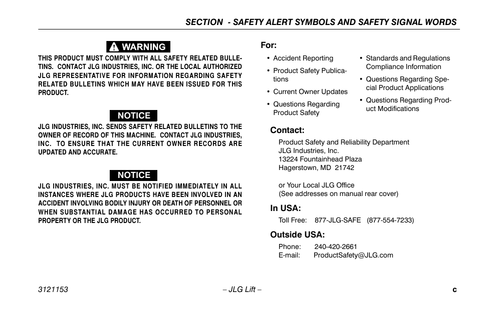 Contact, In usa, Outside usa | JLG 19BD Operator Manual User Manual | Page 5 / 54