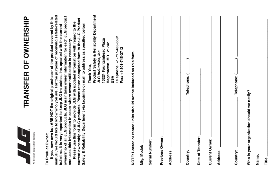 Tr ansf er of owner s hip | JLG 19BD Operator Manual User Manual | Page 51 / 54