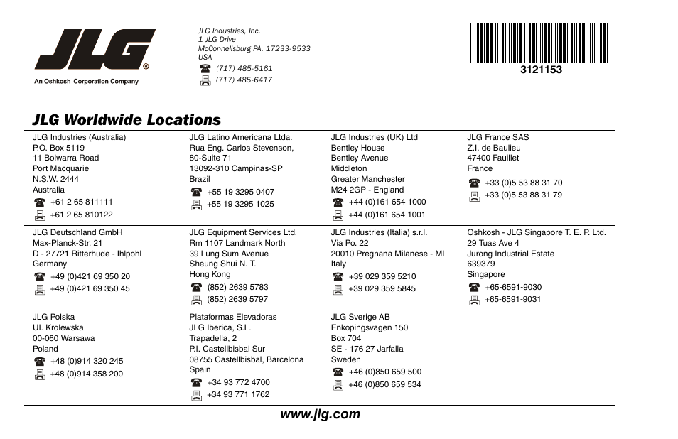 Jlg worldwide locations | JLG 19BD Operator Manual User Manual | Page 54 / 54