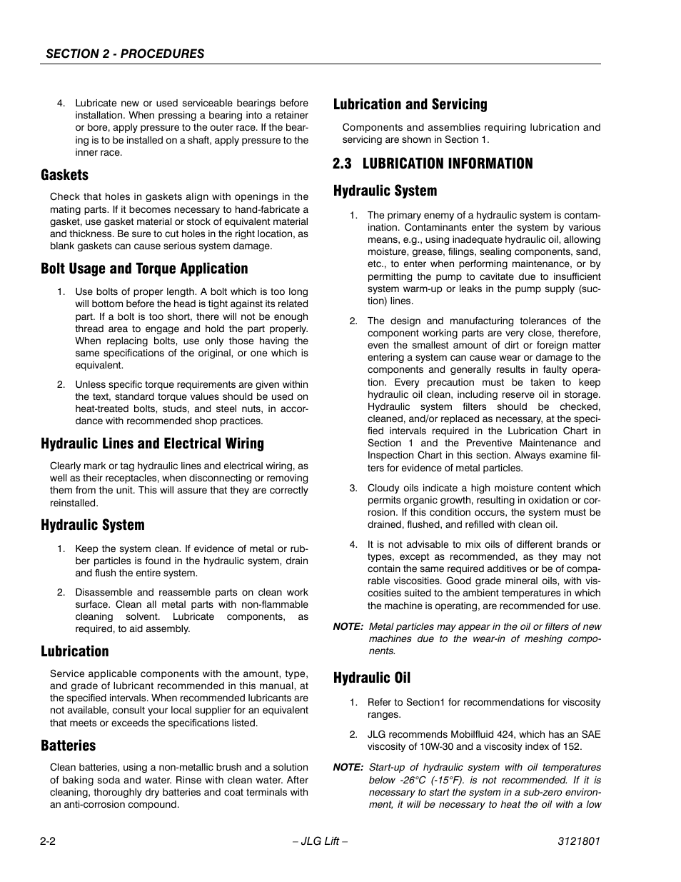 Gaskets, Bolt usage and torque application, Hydraulic lines and electrical wiring | Hydraulic system, Lubrication, Batteries, Lubrication and servicing, 3 lubrication information, Hydraulic oil, Lubrication information -2 | JLG 260MRT Service Manual User Manual | Page 24 / 106