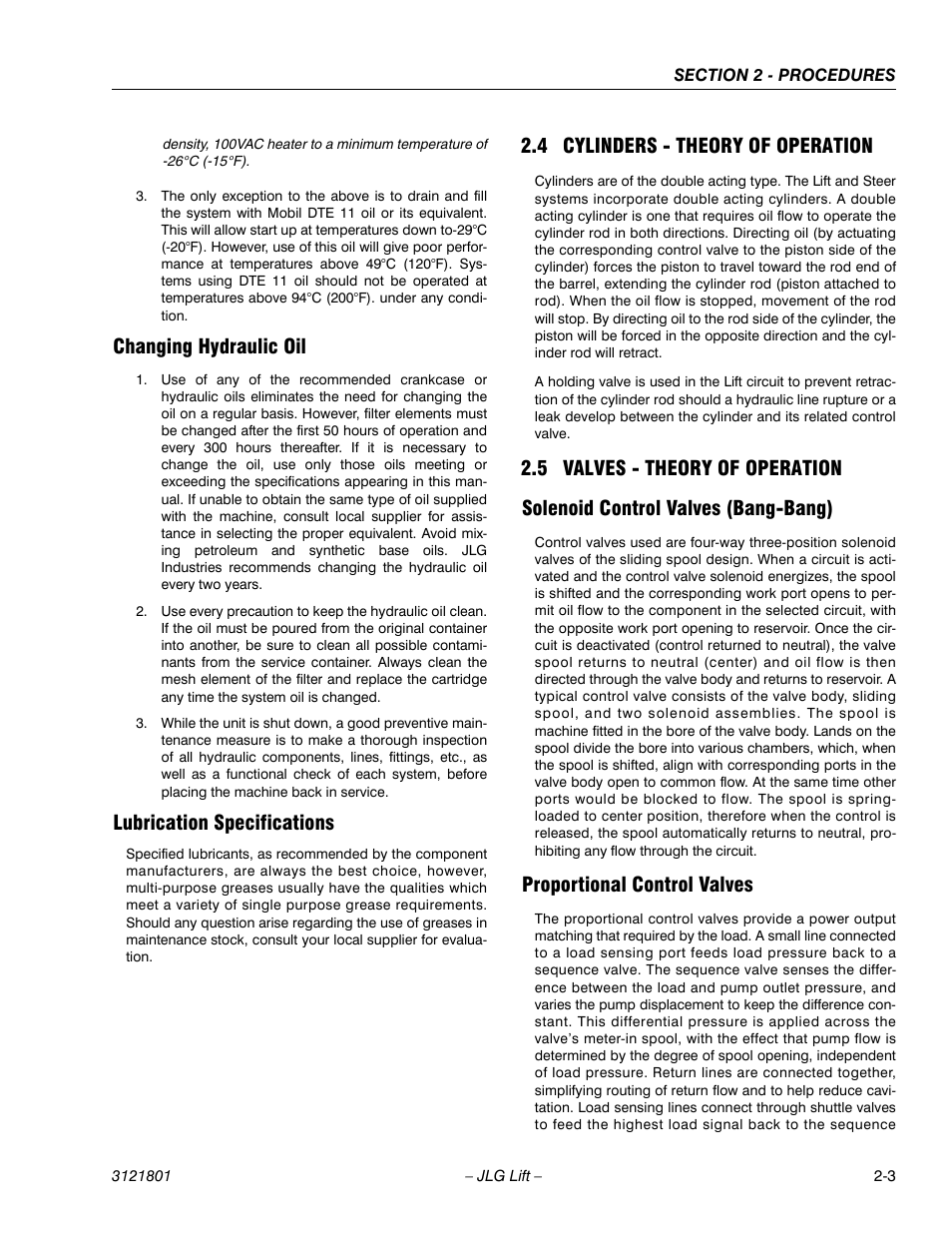 Changing hydraulic oil, Lubrication specifications, 4 cylinders - theory of operation | 5 valves - theory of operation, Solenoid control valves (bang-bang), Proportional control valves, Cylinders - theory of operation -3, Valves - theory of operation -3 | JLG 260MRT Service Manual User Manual | Page 25 / 106