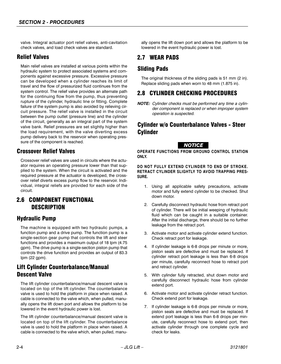 Relief valves, Crossover relief valves, 6 component functional description | Hydraulic pump, Lift cylinder counterbalance/manual descent valve, 7 wear pads, Sliding pads, 8 cylinder checking procedures, Component functional description -4, Wear pads -4 | JLG 260MRT Service Manual User Manual | Page 26 / 106