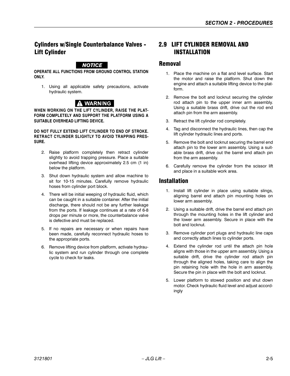 9 lift cylinder removal and installation, Removal, Installation | Lift cylinder removal and installation -5, 9 lift cylinder removal and installation removal | JLG 260MRT Service Manual User Manual | Page 27 / 106