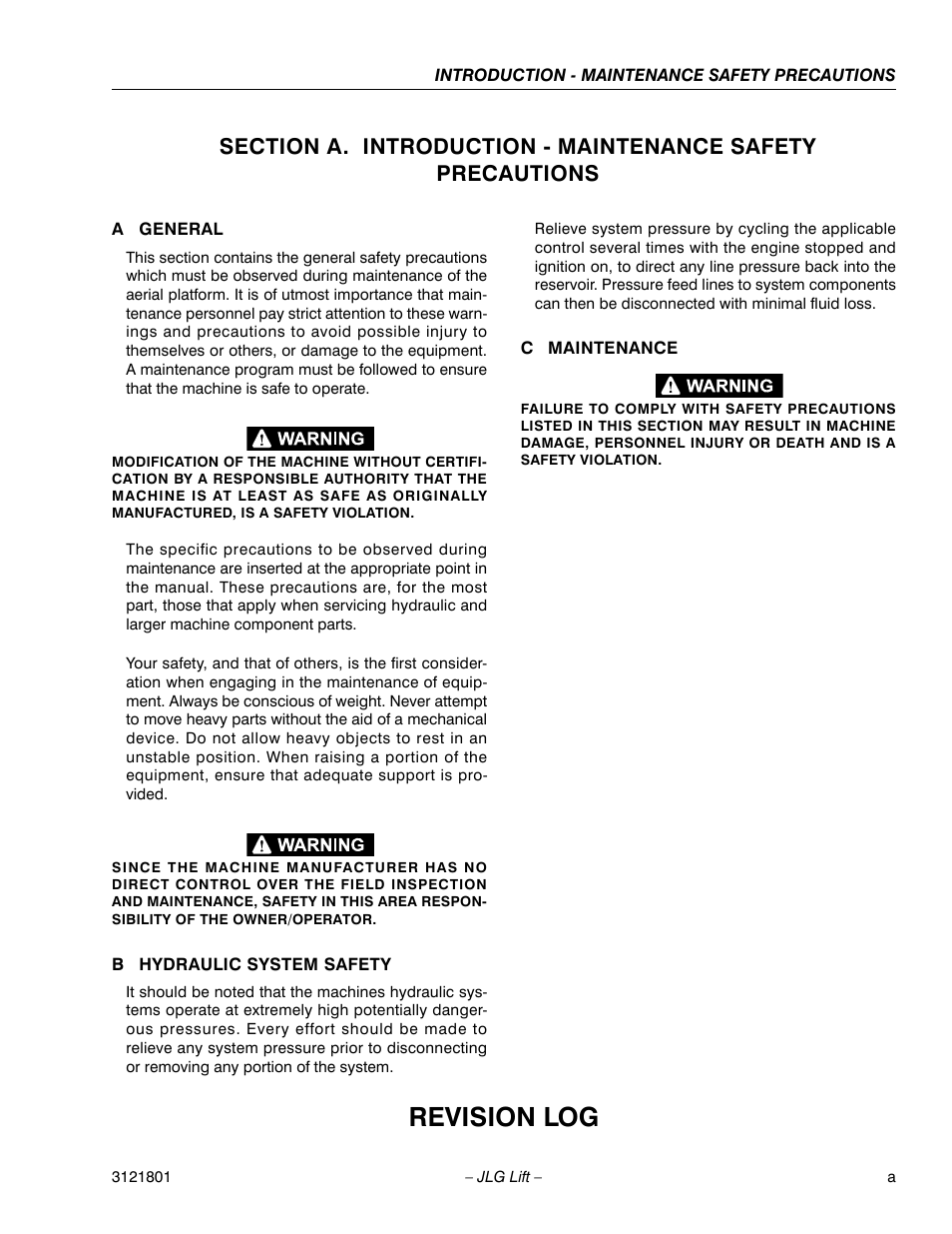 A general, B hydraulic system safety, C maintenance | Revision log | JLG 260MRT Service Manual User Manual | Page 3 / 106